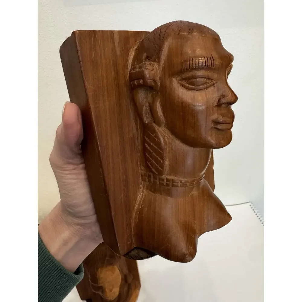 Vintage Hand Carved Wood Figural Bookends Tribal Busts Heavy Solid Vintage Decor